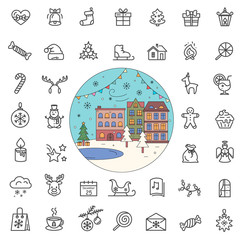 Christmas line icons set vector, street in wintertime. Presents and mistletoe, packages and candle with fire. Gingerbread man and cake traditional sweets on xmas in flat style minimal linear outline