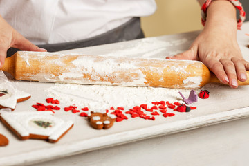 Female hands roll out the dough for Christmas cookies. Close-up.