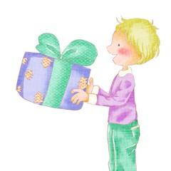 Little boy hold in hands Christmas present 