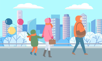 Mother and child holding balloons walking in city vector, winter cityscape with skyscrapers and frozen ground. Street with personage carrying handbag illustration in flat style design for web, print