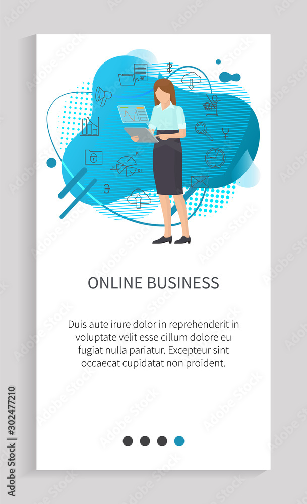 Aufkleber woman searching in tablet, portrait view of worker character working with wireless device, chart and