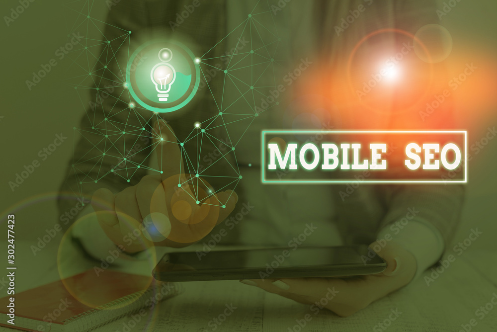 Poster word writing text mobile seo. business photo showcasing process of optimizing a website to rank for 