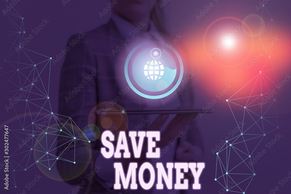 Poster writing note showing save money. business concept for store some of your cash every month to use the