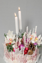 Christmas composition of flowers and Christmas decorations