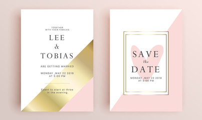 Beautiful set of wedding card templates. Gold collection of geometrical polyhedron, art deco style for wedding invitation, luxury templates, decorative patterns.