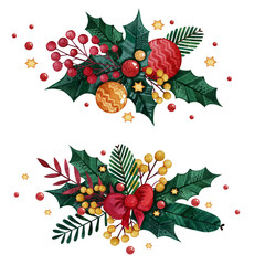 Watercolor Christmas set of boutonnieres with winter plants and Christmas toys. Hand drawn Christmas boutonnieres with holly branches, Christmas tree branches, golden berries and bows. 