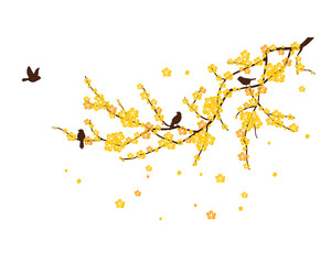 Branch with flowers and birds