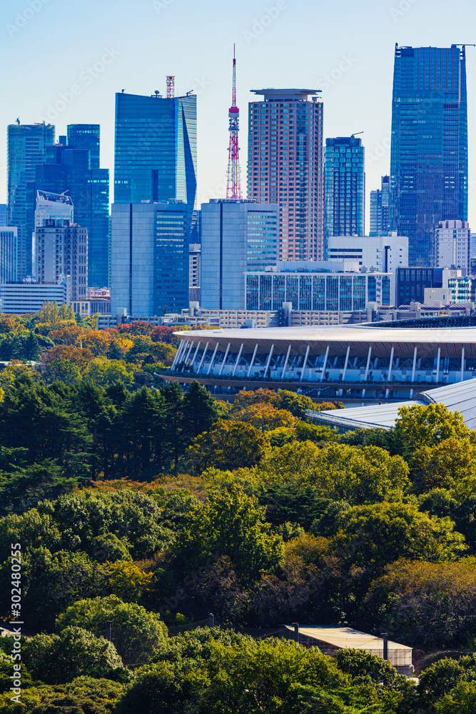 Wall mural Landscape of national stadium for Tokyo Olympic 2020 in the background of blue sky in Japan  