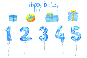 watercolor gift set. Wrapped gifts and ballons. Birthday party. 