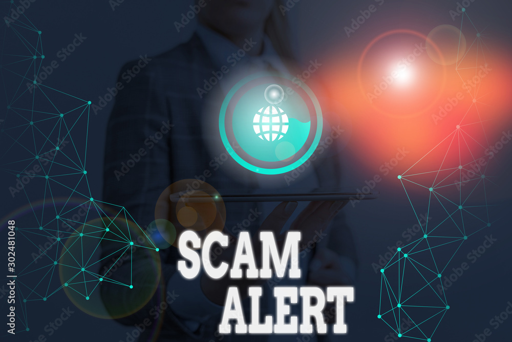 Poster writing note showing scam alert. business concept for warning someone about scheme or fraud notice a