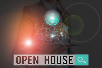 Word writing text Open House. Business photo showcasing a place or situation in which all visitors are welcome to go in