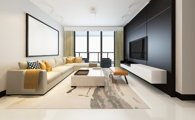 3d rendering luxury and modern living room with fabric sofa with mock up frame