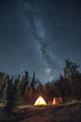 Camping in pine forest with milky way and shooting star at Assiniboine provincial park