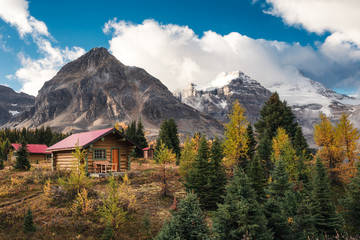 Wooden huts in canadian rockies at Assiniboine provincial park