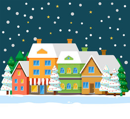 Fototapeta premium Winter cityscape with houses roofs covered with snow. Night town with homes and pine trees growing outdoors. Street with buildings and spruce with garlands. Christmas time celebration vector
