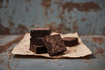 A piece of homemade chocolate brownies, sweet and dessert..