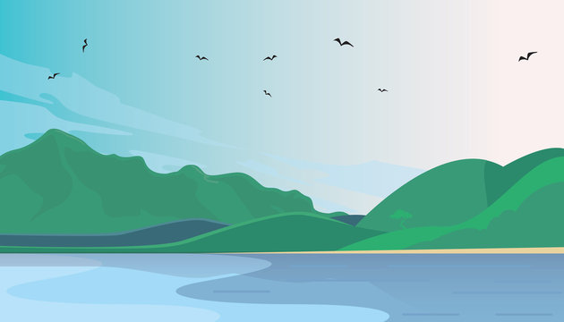 Flat Vector Mountain Landscape Near The Lake. Flat Vector Illustration. Flat Design Background. Web vector illustration.