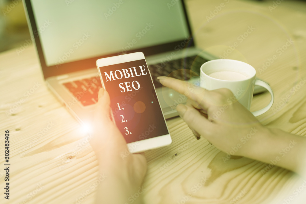 Poster conceptual hand writing showing mobile seo. concept meaning process of optimizing a website to rank 