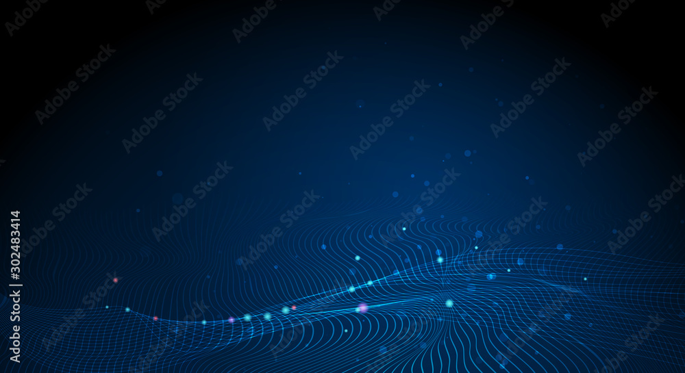 Poster Illustration vector abstract wave motion pattern and dynamic mesh line on dark blue background. Modern futuristic design for background or wallpaper. Digital cyberspace, high tech, technology  concept