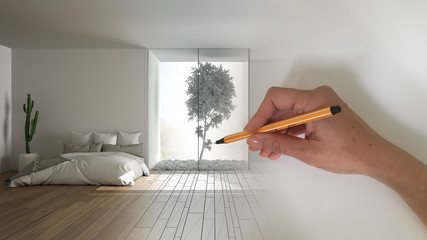 Architect interior designer concept: hand drawing a design interior project while the space becomes real, modern white and wooden bedroom with double bed and inner garden