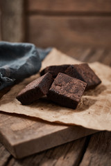 A piece of homemade chocolate brownies, sweet and dessert..