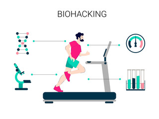 Biohacking vector illustration. Flat tiny self improvement persons concept. Biological health engineering using hacker ethic and anatomical AI monitoring. Grinder approach that affects organs wealth