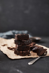 A piece of homemade chocolate brownies, sweet and dessert..