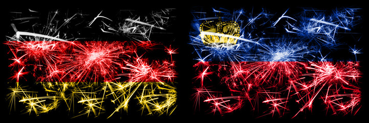 Germany, German vs Liechtenstein, Liechtensteins New Year celebration travel sparkling fireworks flags concept background. Combination of two abstract states flags.