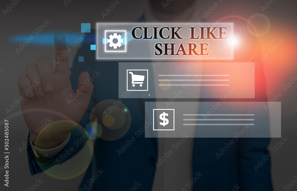 Poster handwriting text writing click like share. conceptual photo internet sharing following online media 