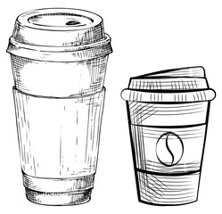 Drawing disposable mug with lid, coffee container with cap. Sketch of takeaway dishware, java bean, cup for espresso and latte, beverage label vector