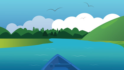 Flat Vector River Landscape Near The Forest and Mountain. Flat Vector Illustration. Flat Design Background. Web vector illustration.