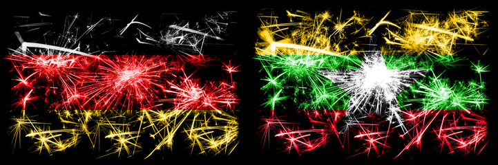 Germany, German vs Myanmar New Year celebration travel sparkling fireworks flags concept background. Combination of two abstract states flags.