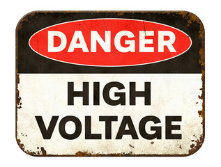 Vintage tin danger sign on a white background - High voltage