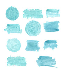 Set of watercolor colorful spots  hand drawn artistic Illustration for your design.Blue color  circle, square, rectangle shape  isolated objects on white background. © Наiра Кобзар