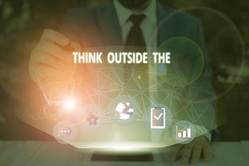 Word writing text Think Outside The. Business photo showcasing Creative Thinking Looking in different perspective