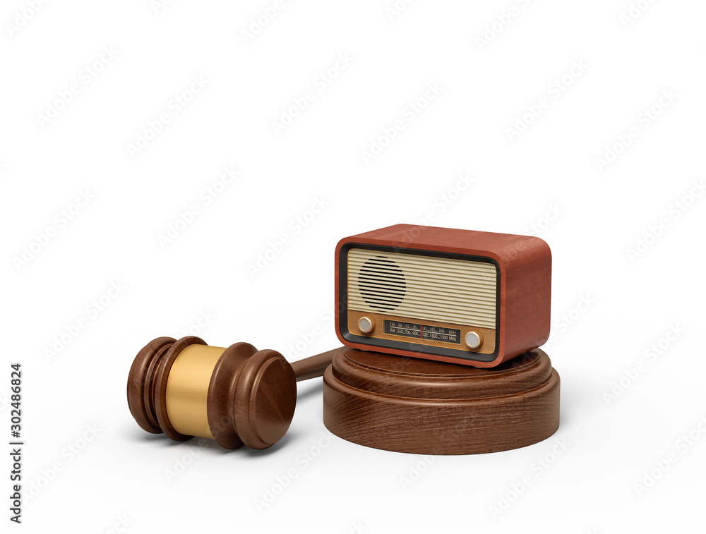 Poster 3d rendering of retro radio set on sounding block with brown gavel lying beside.