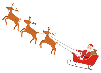 Christmas time, isolated Santa Claus sitting in red carriage with reindeers. Deers with horns at sky, flying magical animals from North pole and winter character. Man in costume, xmas holiday vector