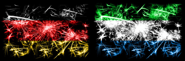Germany, German vs Sierra Leone New Year celebration travel sparkling fireworks flags concept background. Combination of two abstract states flags.