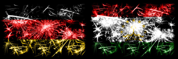 Germany, German vs Tajikistan, Tajikistani New Year celebration travel sparkling fireworks flags concept background. Combination of two abstract states flags.
