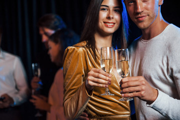 Portrait of lovely couple have party together with their friends