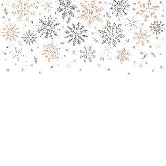 gray golden snowflakes fall from above. Christmas element. Congratulatory holiday background and Xmas concept.