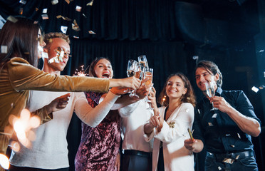 Knocking glasses. Group of cheerful friends celebrating new year indoors with drinks in hands