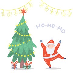 Vector illustration of dancing Santa Claus in red costume. Decorated fir-tree, gifts, garland. Cute handdrawn flat style. Christmas concept for card, banner, poster, flyer, web and any design.