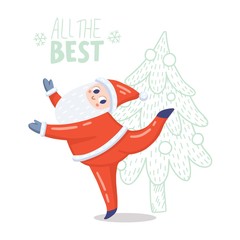 Vector illustration of dancing Santa Claus in red costume. Cute handdrawn flat style. Doodle fir-tree. Christmas concept for card, banner, poster, flyer, web and any design. Lettering «All the best».