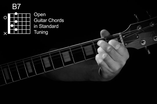 Open Guitar Chords in Standard Tuning guitar tutorial series. Closeup of hand playing B7 chord on guitar, on black background. Black and white photo.