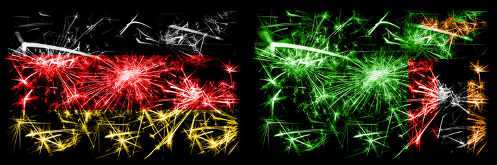 Fototapeta premium Germany, German vs Zambia, Zambian New Year celebration travel sparkling fireworks flags concept background. Combination of two abstract states flags.