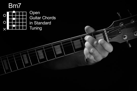 Open Guitar Chords in Standard Tuning guitar tutorial series. Closeup of hand playing Bm7 chord on guitar, on black background. Black and white photo.