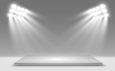 Realistic 3d Light Box with platform background for design performance, show, exhibition. Vector illustration of Lightbox Studio Interior. Podium with spotlights. - obrazy, fototapety, plakaty