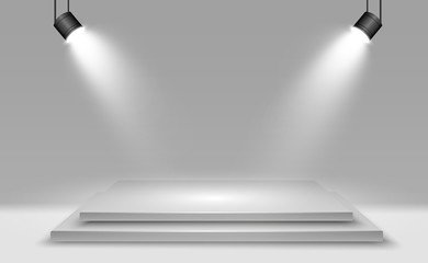 Realistic 3d Light Box with platform background for design performance, show, exhibition. Vector illustration of Lightbox Studio Interior. Podium with spotlights.