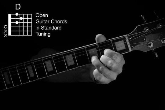 Open Guitar Chords in Standard Tuning guitar tutorial series. Closeup of hand playing D chord on guitar, on black background. Black and white photo.